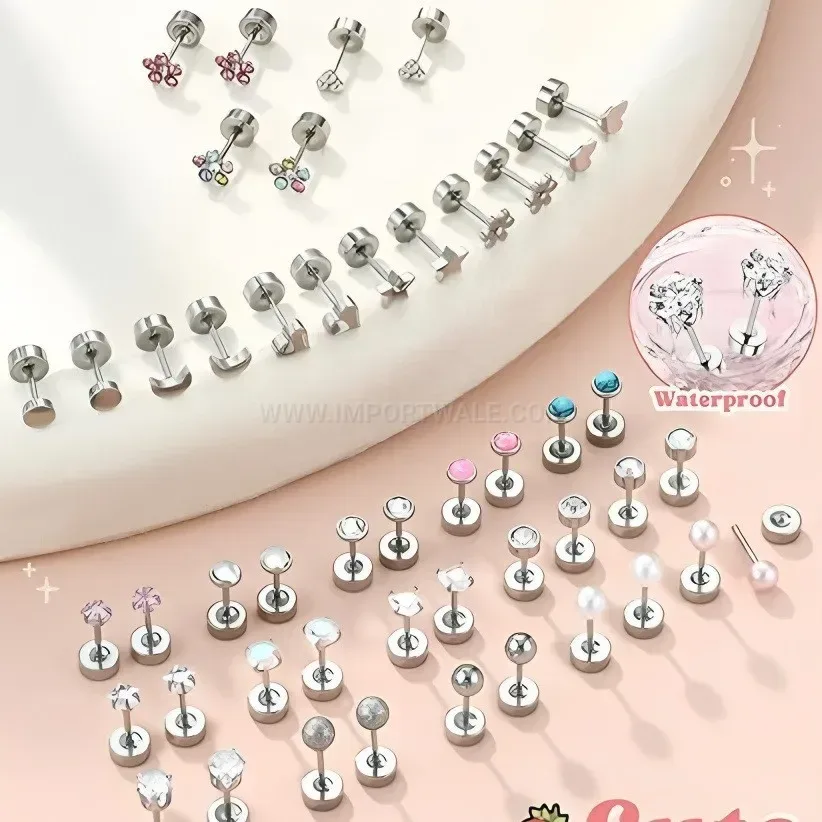 Bold Colorful Zirconia Star Floral Stainless Steel Piercing Earring Set