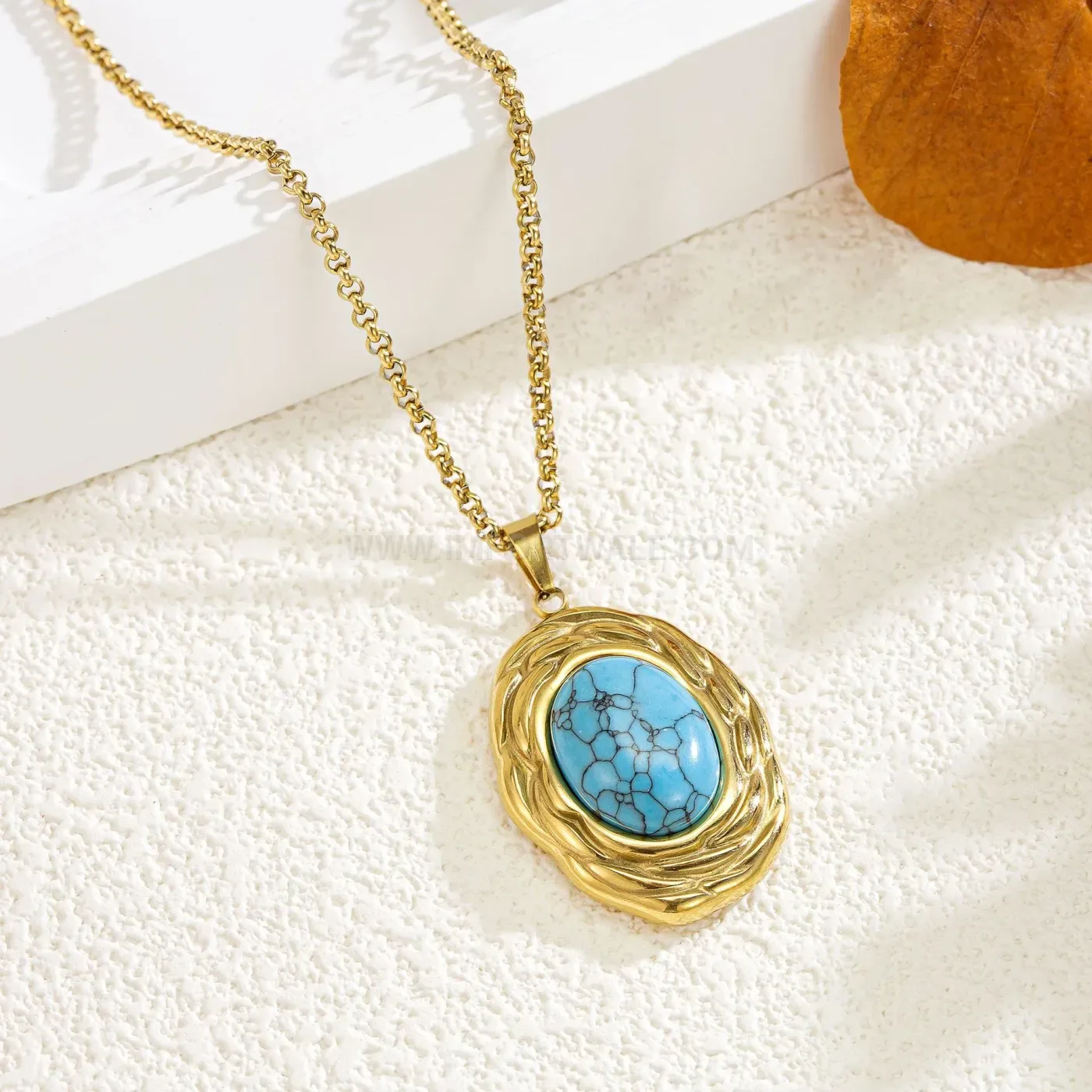 Modern Retro Titanium Steel Blue Turquoise Oval Pendant Necklace