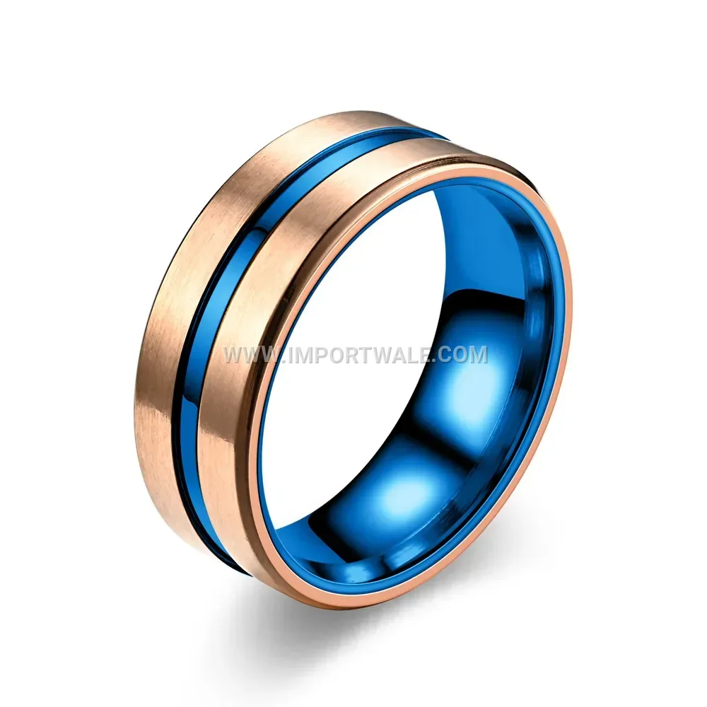 Grooved Beveled Stainless Steel Ring with Blue Accent