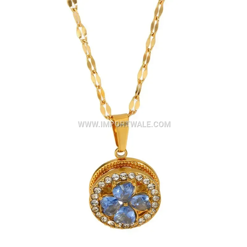 Rotatable Zircon Flower Pendant Titanium Steel Necklace with Gold Plating