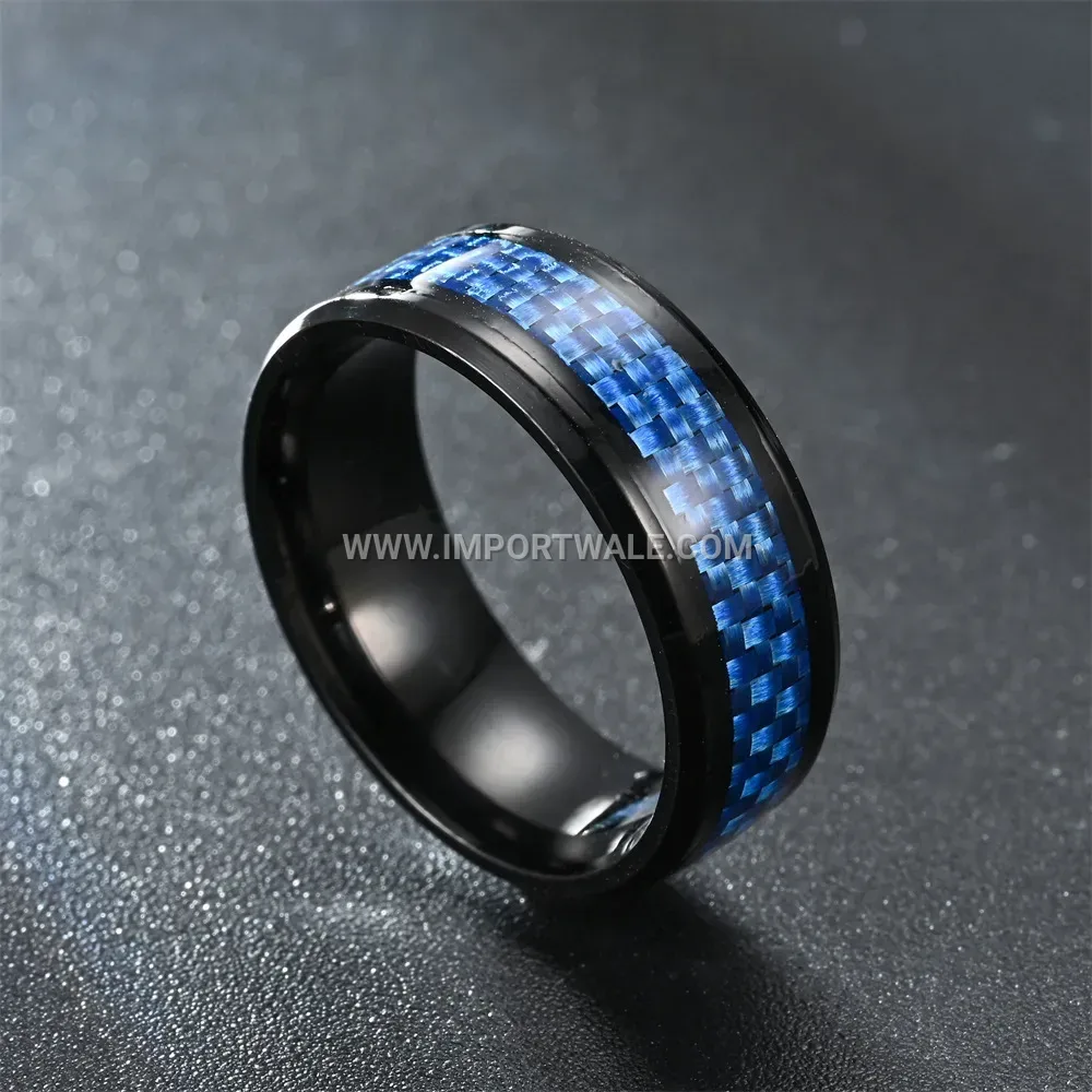 Black Stainless Steel Band Ring with Blue Carbon Fiber Inlay