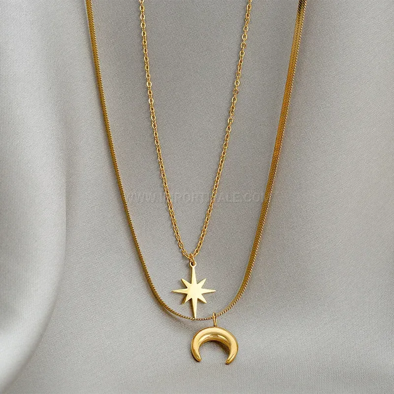 Elegant Double Layer Titanium Steel Hexagram Star and Moon Necklace