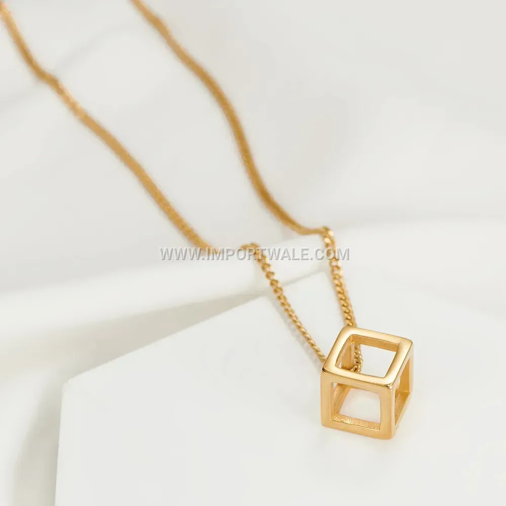 3D Hollow Geometric Cube Stainless Steel Pendant Necklace