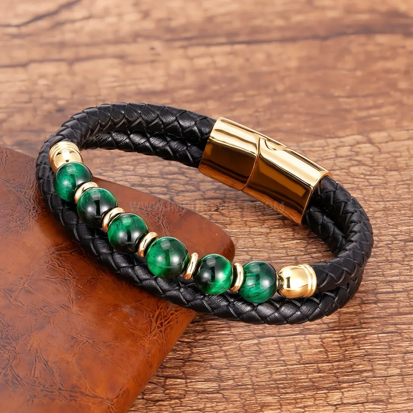 Tigers Eye Bead Braided Leather Wrap Bracelet Stainless Steel