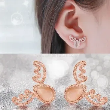 Designer Rose Gold Antler Cat Eye Stone Stainless Steel Stud Earrings