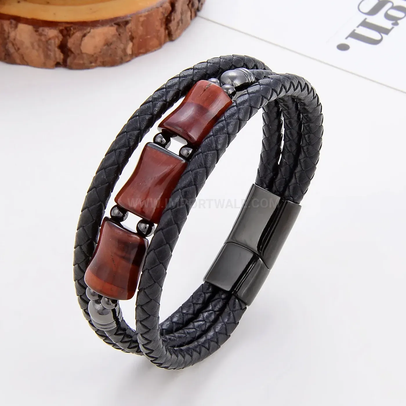 Woven Leather Bracelet featuring Stainless Steel Magnetic Clasp Accent Stone