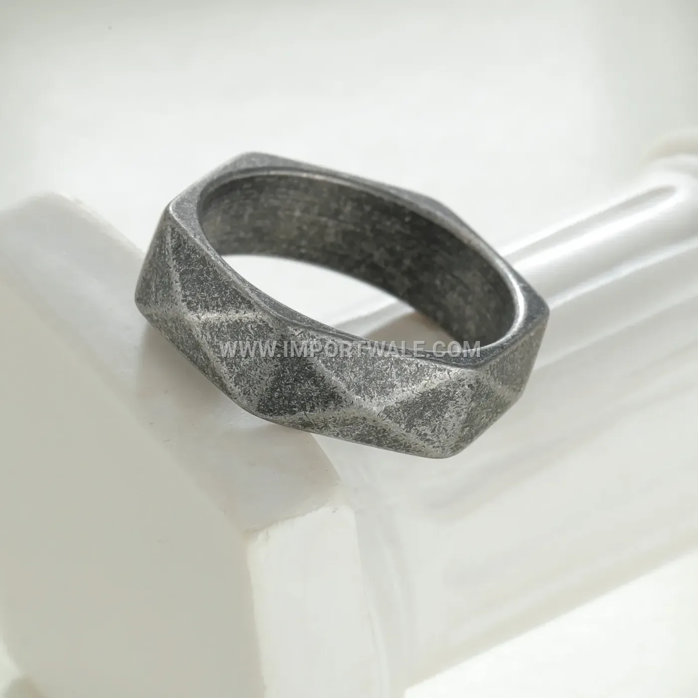 Geometric Cut Faceted Stainless Steel Vintage Silver Band Ring