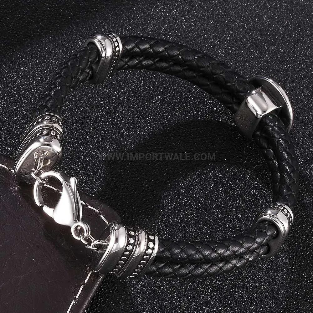 Retro Geometric Stainless Steel Black Leather Wristband For Men