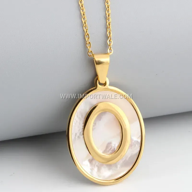 Gold Stainless Steel Shell Circular Disc Pendant Necklace