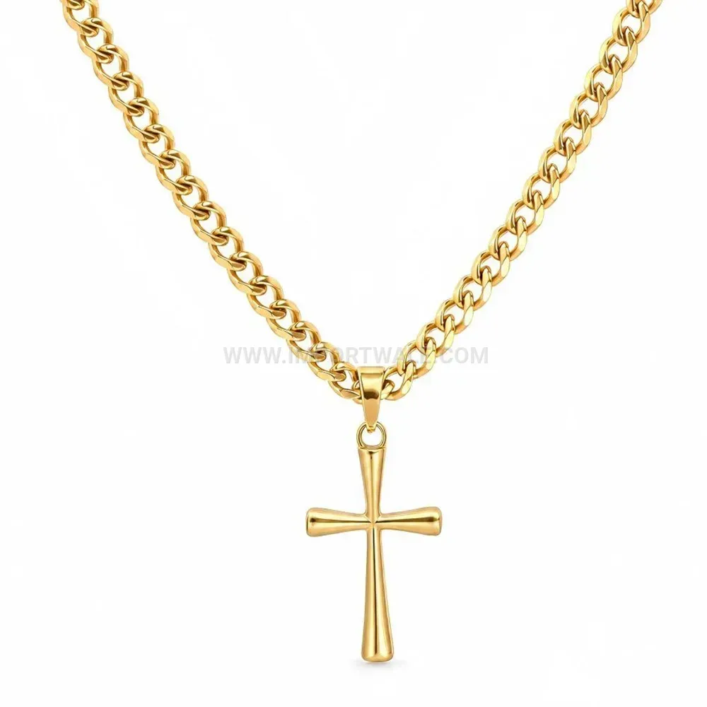 Sleek 18K Gold Plated Stainless Steel Cross Pendant Chain Necklace