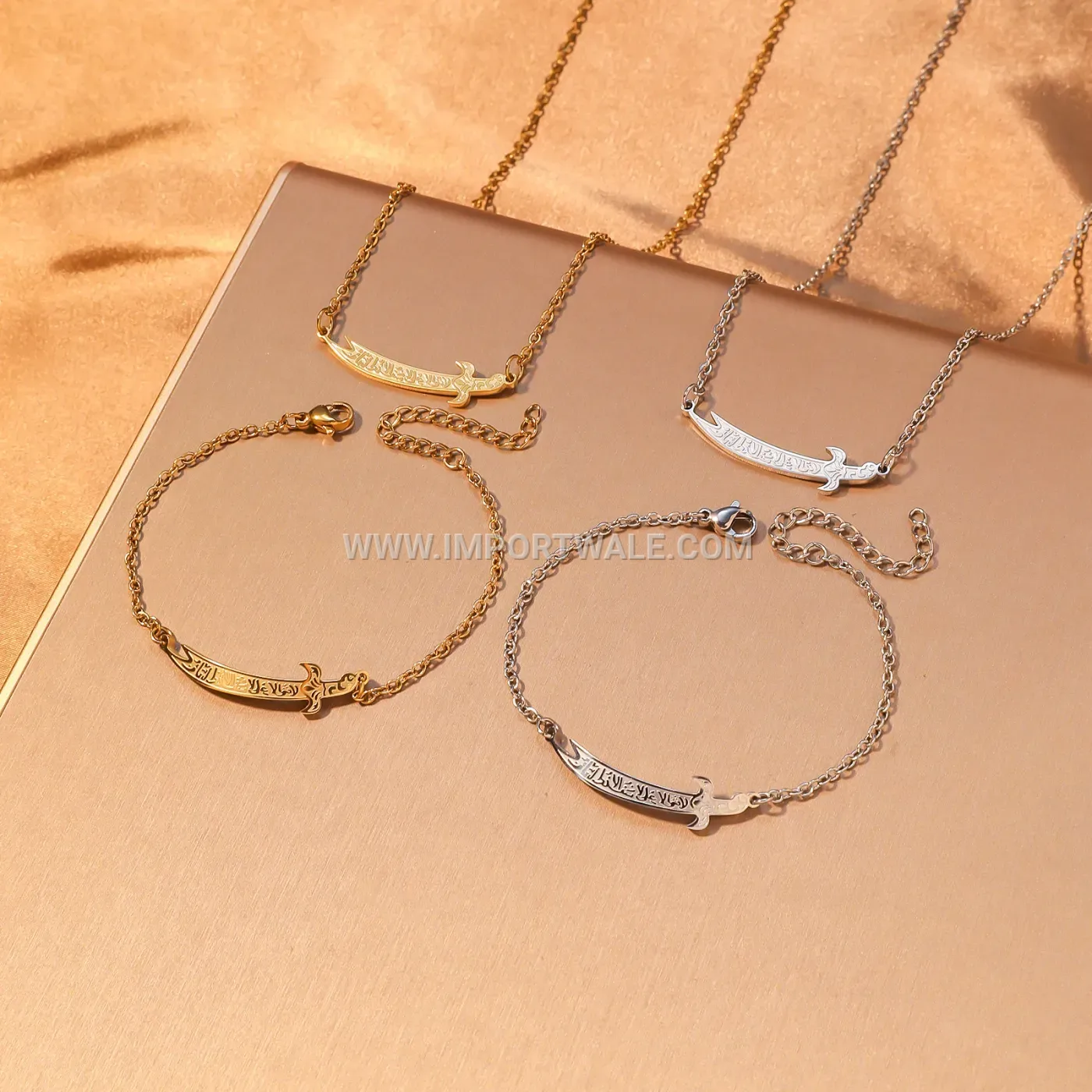 Stainless Steel Islamic Arabic Calligraphy Necklace and Bracelet Jewelry Set