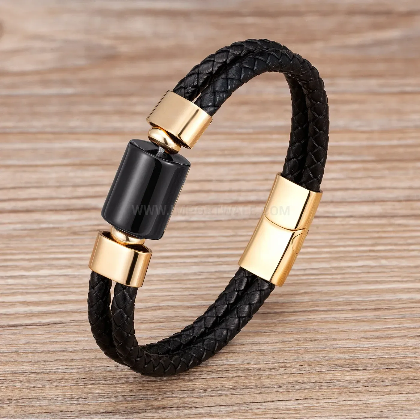 Braided Leather Stone Bracelet with Stainless Steel Clasp
