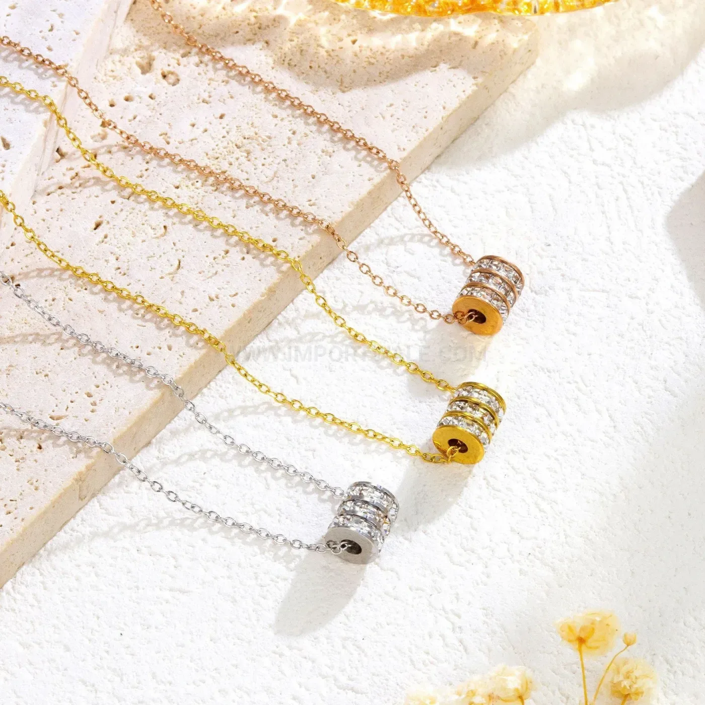 Chic Minimalist Stainless Steel Triple Crystal Ring Pendant Necklace