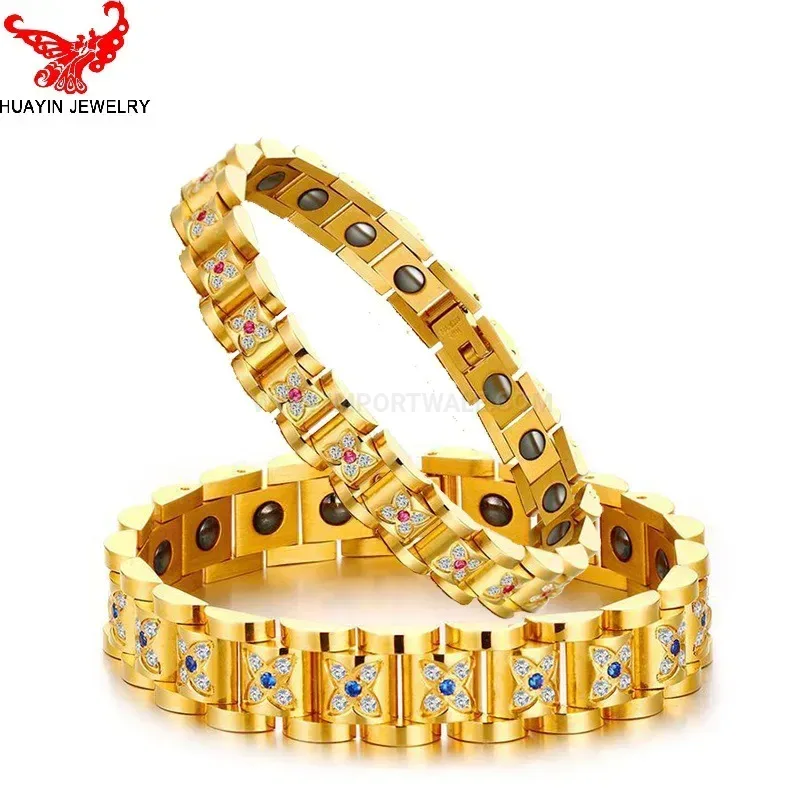 Bold Plated Stainless Steel Plum Blossom Magnetic Couple Bracelet