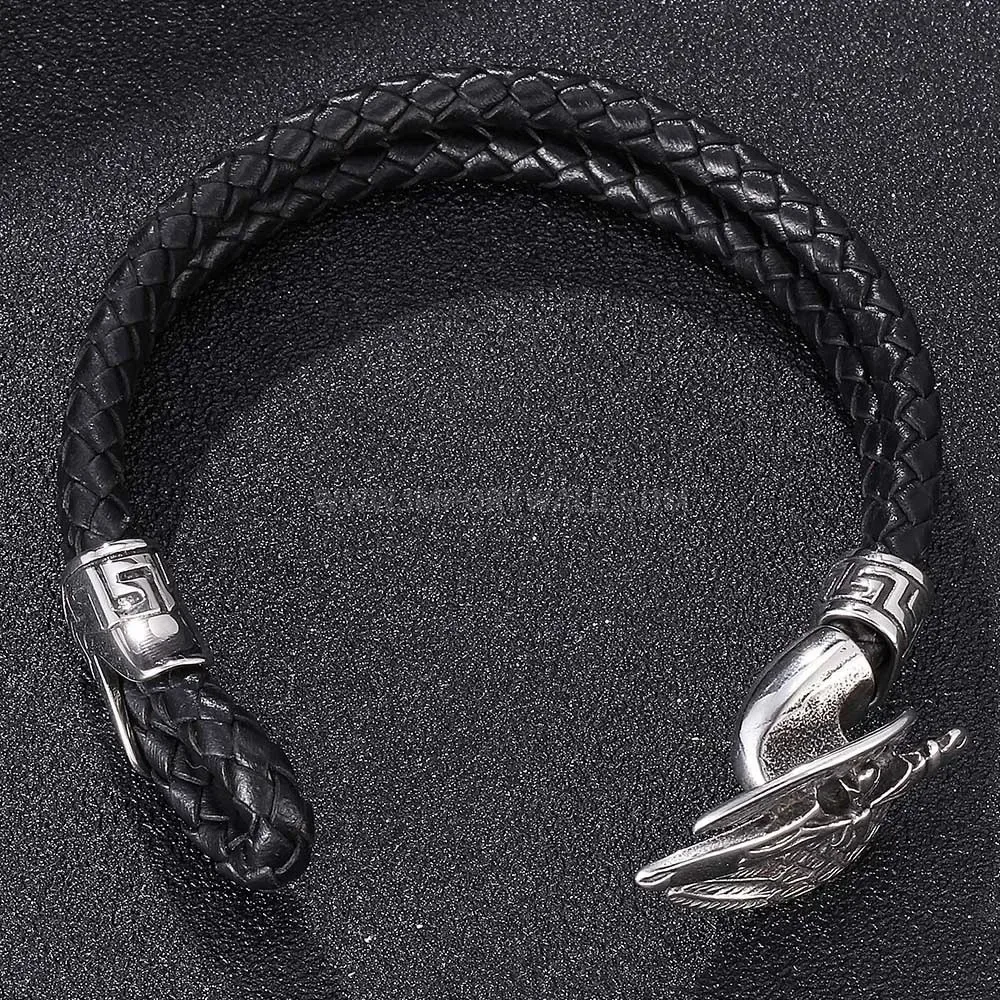 Cross and Skull Braided Leather Wristband with Stainless Steel Accents