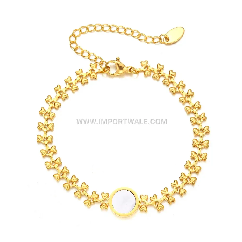 Shell Inlaid Heart Round Medallion Titanium Steel Bracelet
