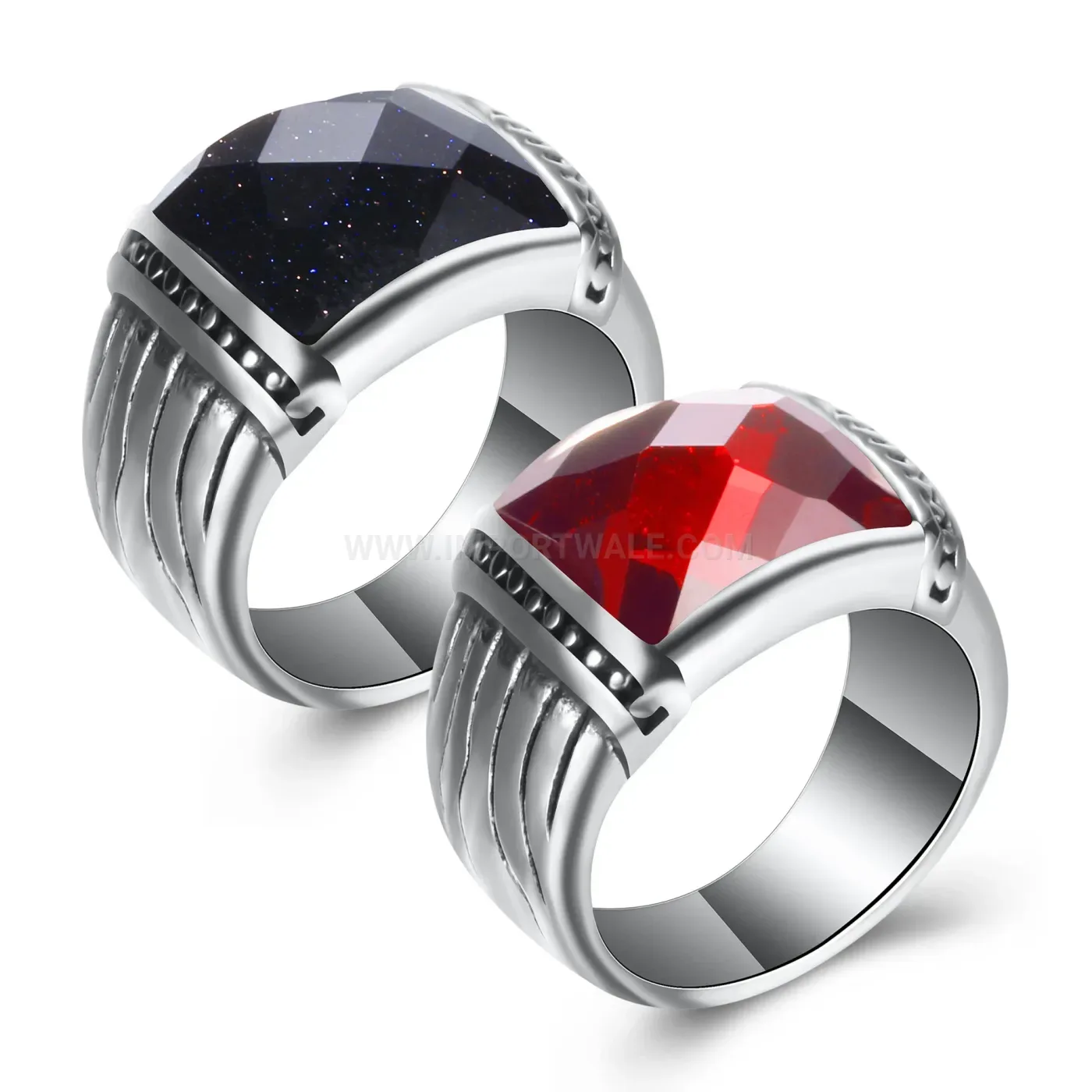 Fashion Stainless Steel Gemstone Inlaid Square Signet Band Ring