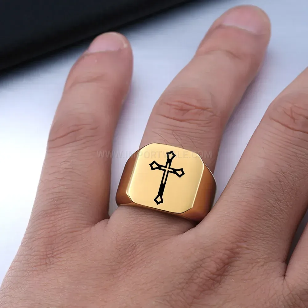 Stylish Polished Square Cross Engraved Stainless Steel Signet Ring