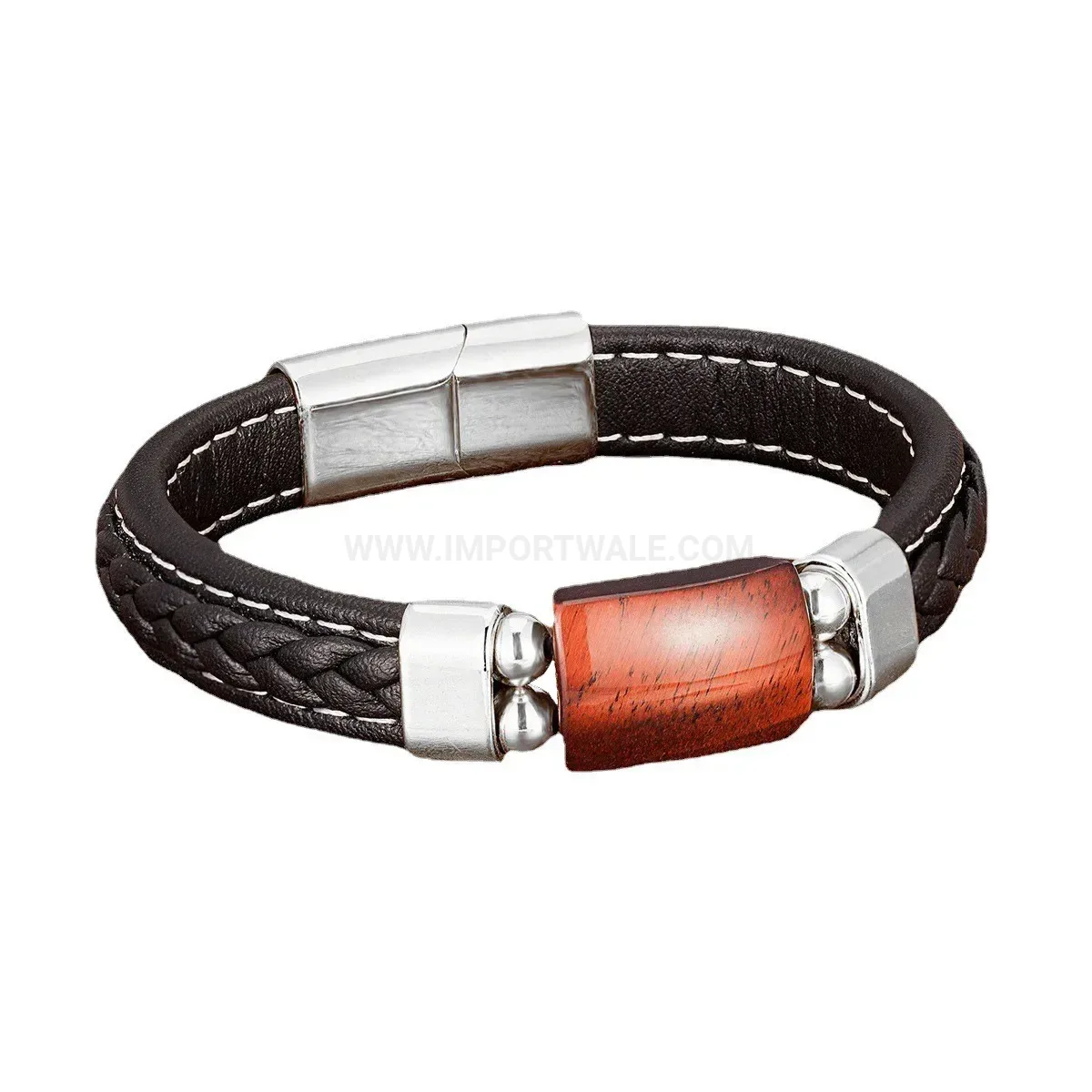 Geometric Stone Leather Woven Bracelet with Magnetic Clasp
