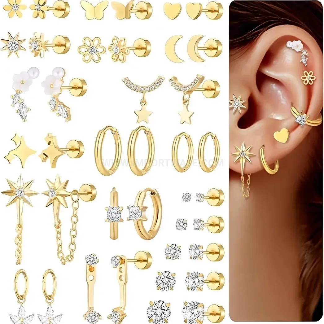 Stylish Gold Plated Butterfly Zircon Multi Piece Stud Piercing Set