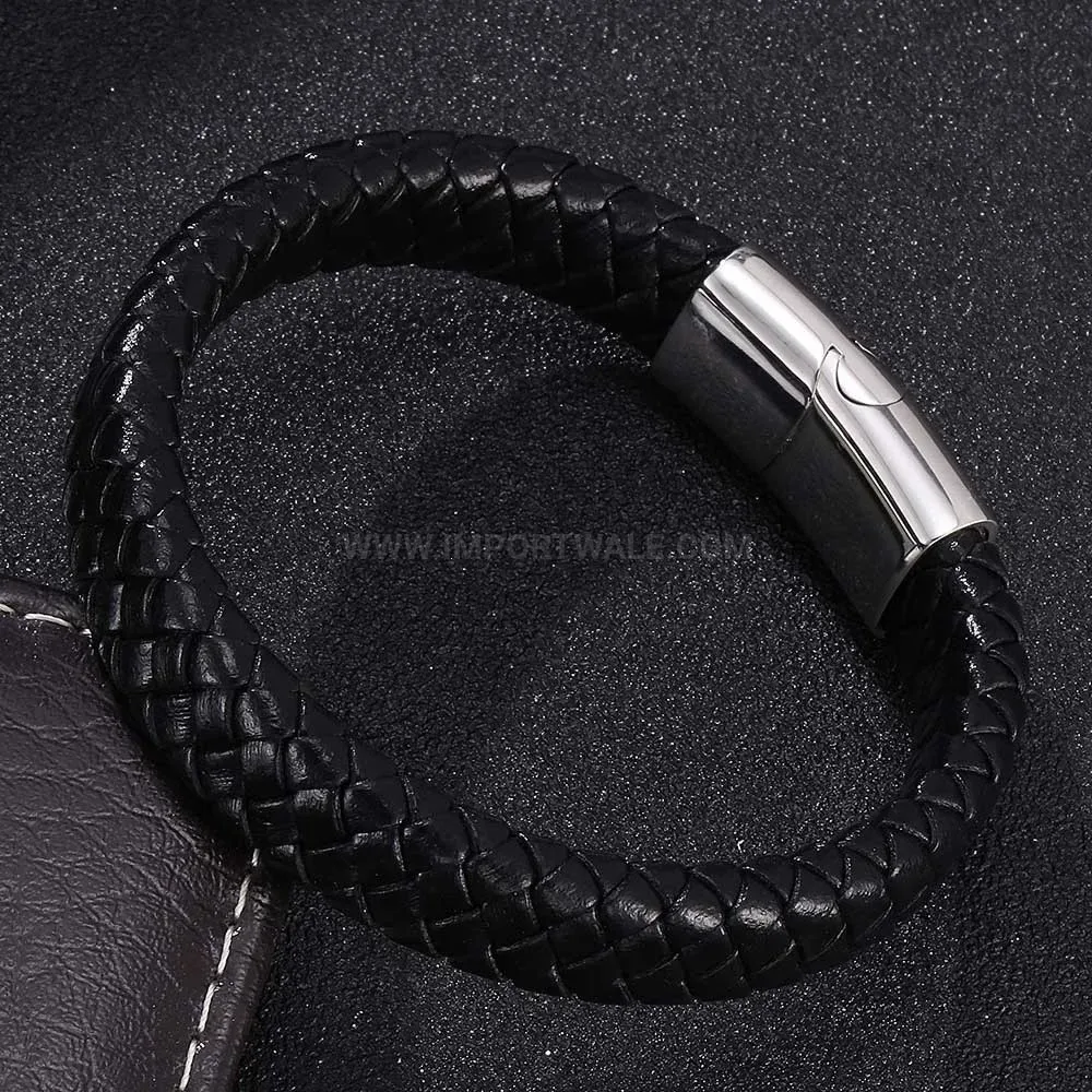 Braided Leather Stainless Steel Magnetic Clasp Bracelet
