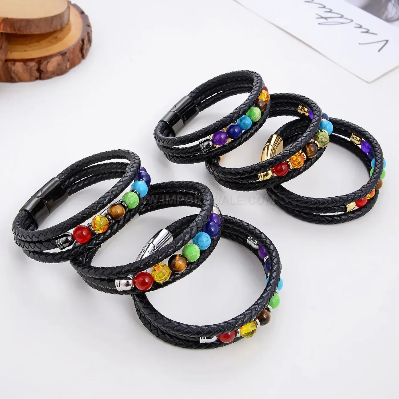 Colorful Stone Beaded Leather Rope Bracelet with Magnetic Clasp