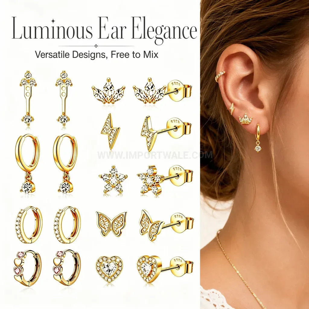 Stylish Stainless Steel Rhinestone Dangle Huggie Piercing Earring Set