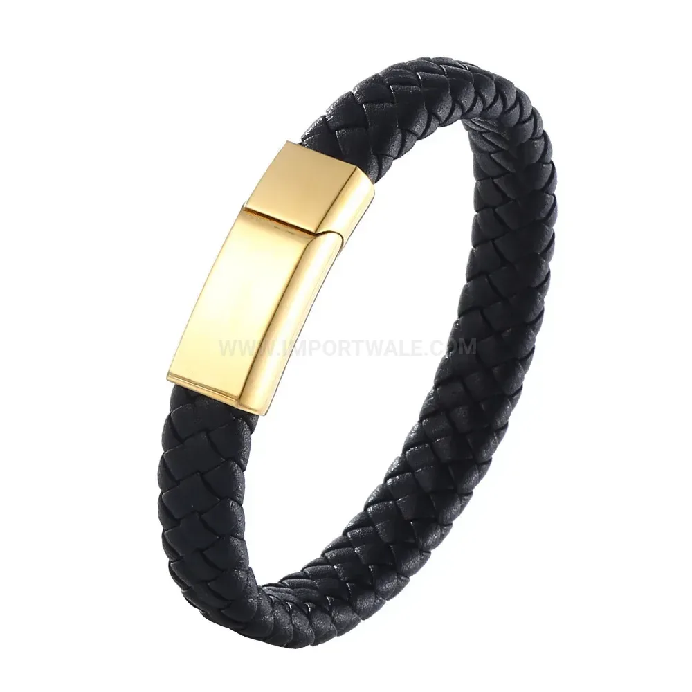 Braided Leather Wristband with Gold Plated Stainless Steel Magnetic Clasp