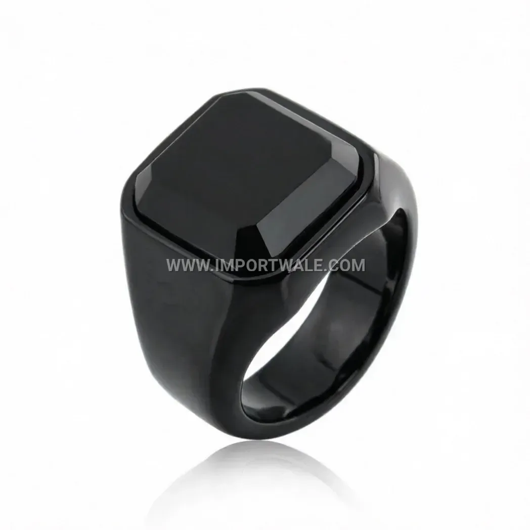 Square Black Gemstone Titanium Steel Signet Ring for Men