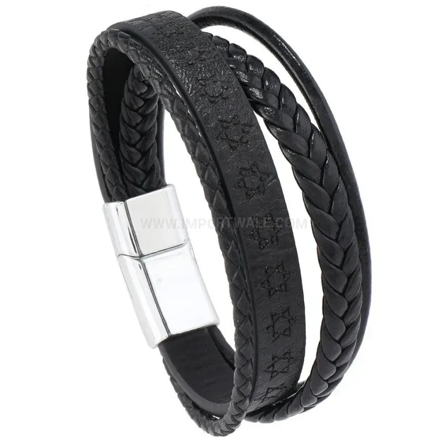 Chic Vintage Hexagram Woven PU Leather Bracelet with Magnetic Clasp