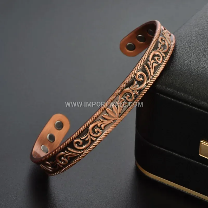 Adjustable Antique Red Copper Vine Patterned Magnetic Cuff Bracelet