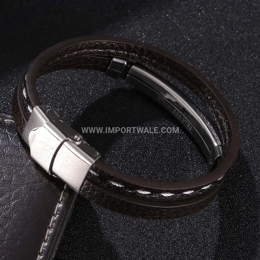 Woven Brown PU Leather Stainless Steel Accent Bangle