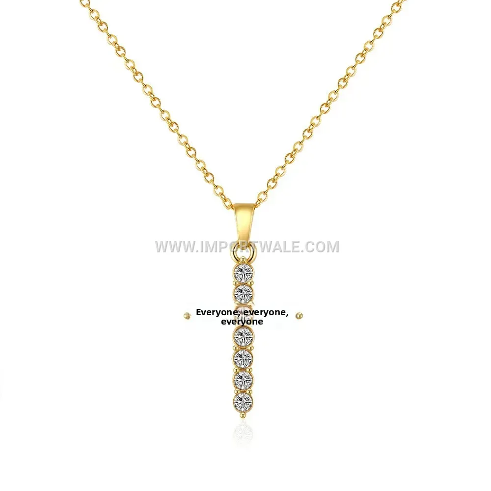 Gold Plated Stainless Steel Zircon Cross Pendant Necklace