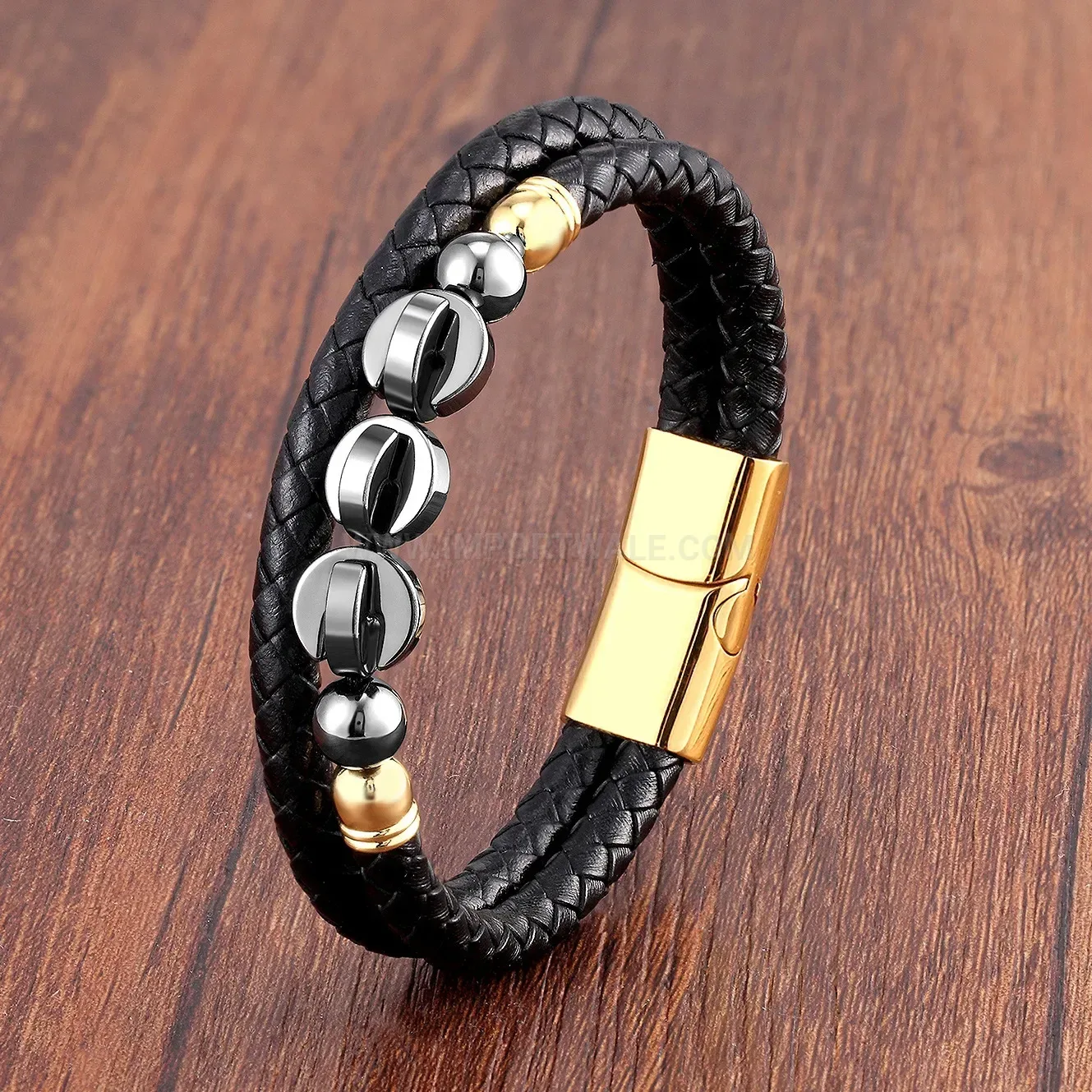Double Layer Woven Leather Natural Stone Stainless Steel Magnetic Bracelet