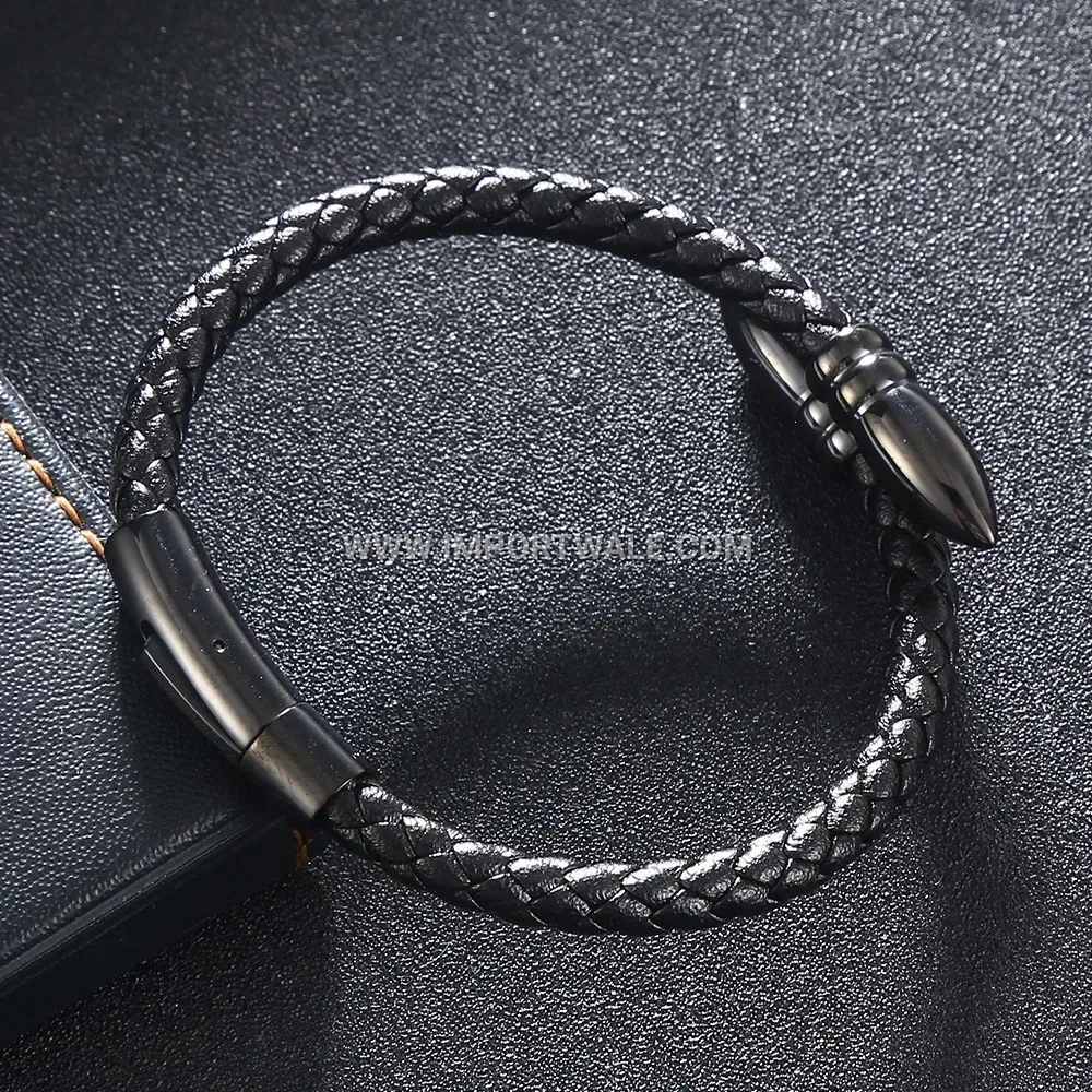 Bullet-Detail Leather Wristband with Stainless Steel Clasp