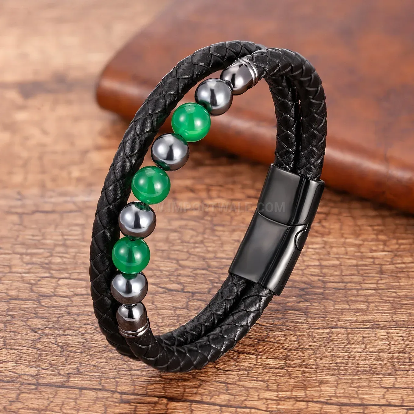 Vintage Handwoven Beaded Leather Bracelet with Steel Clasp