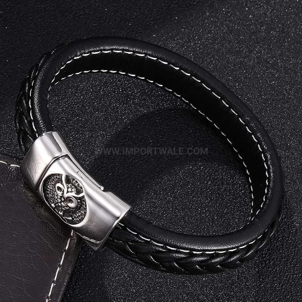 Stainless Steel Owl Braided Leather Men's Bracelet