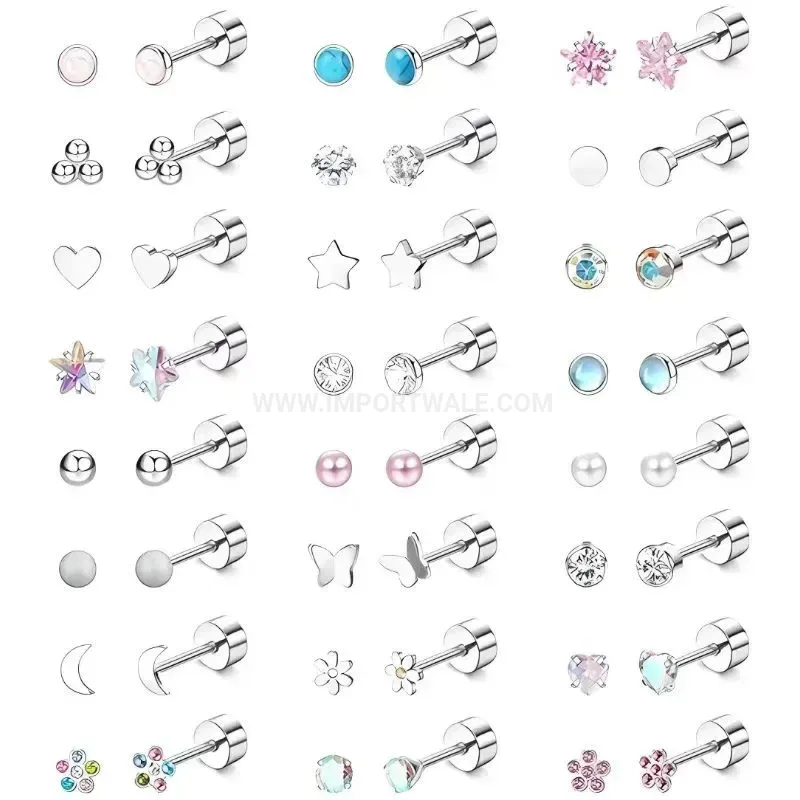 Bold Colorful Zirconia Star Floral Stainless Steel Piercing Earring Set