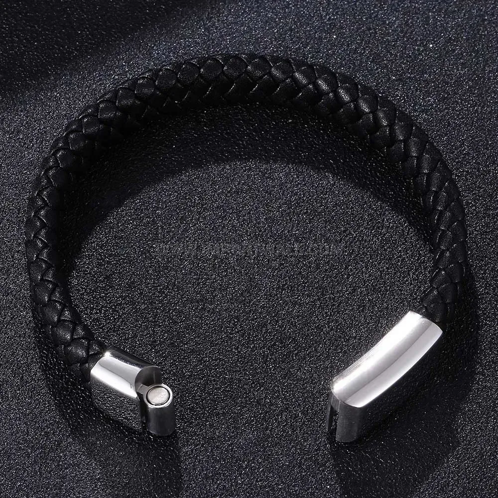 Mirror Finished Stainless Steel Woven Leather Cuff