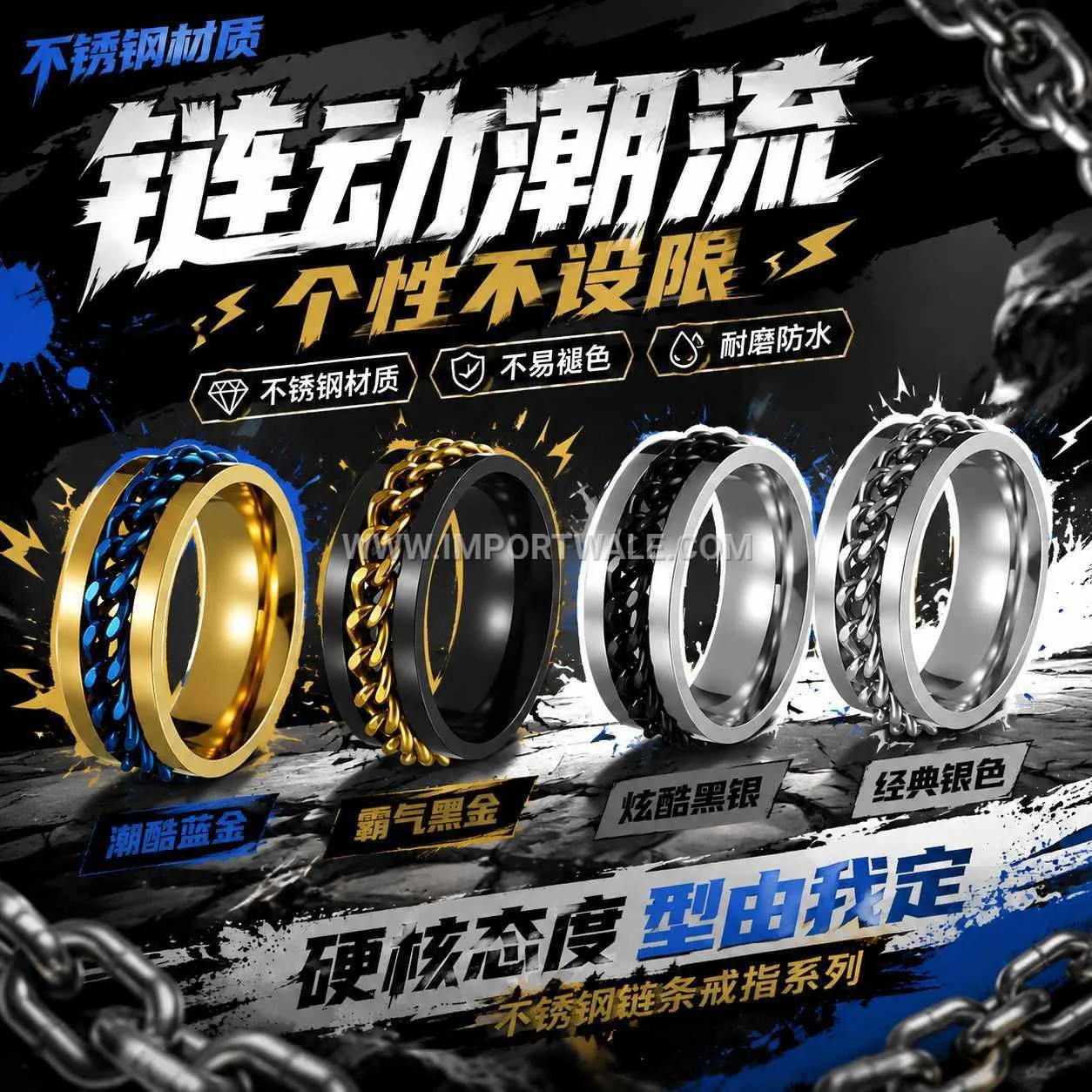 Men Stainless Steel Rotatable Chain Spinner Ring