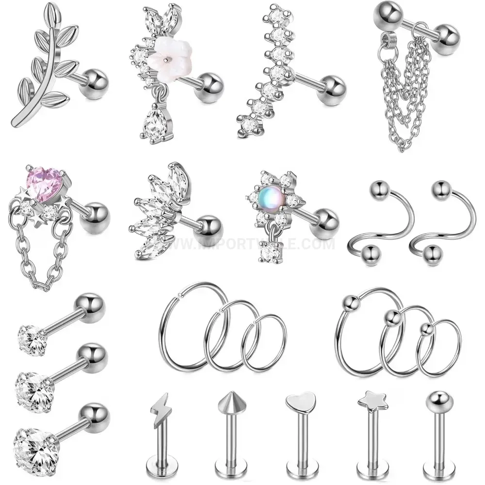 Premium Crystal Leaf Floral Chain Stainless Steel Ear Piercing Set
