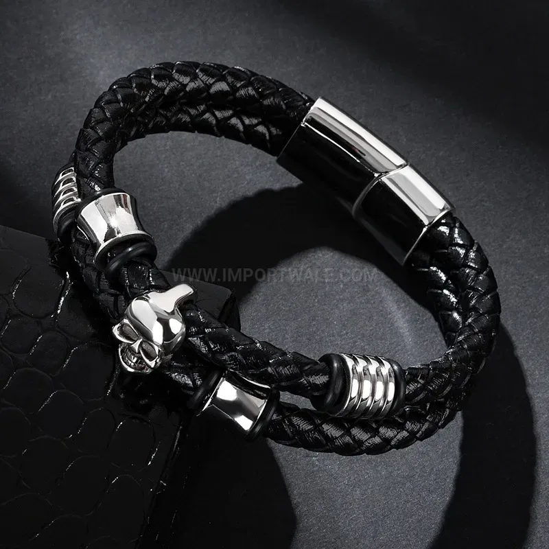 Elegant Handcrafted Double Layer Leather Skull Bracelet in Stainless Steel