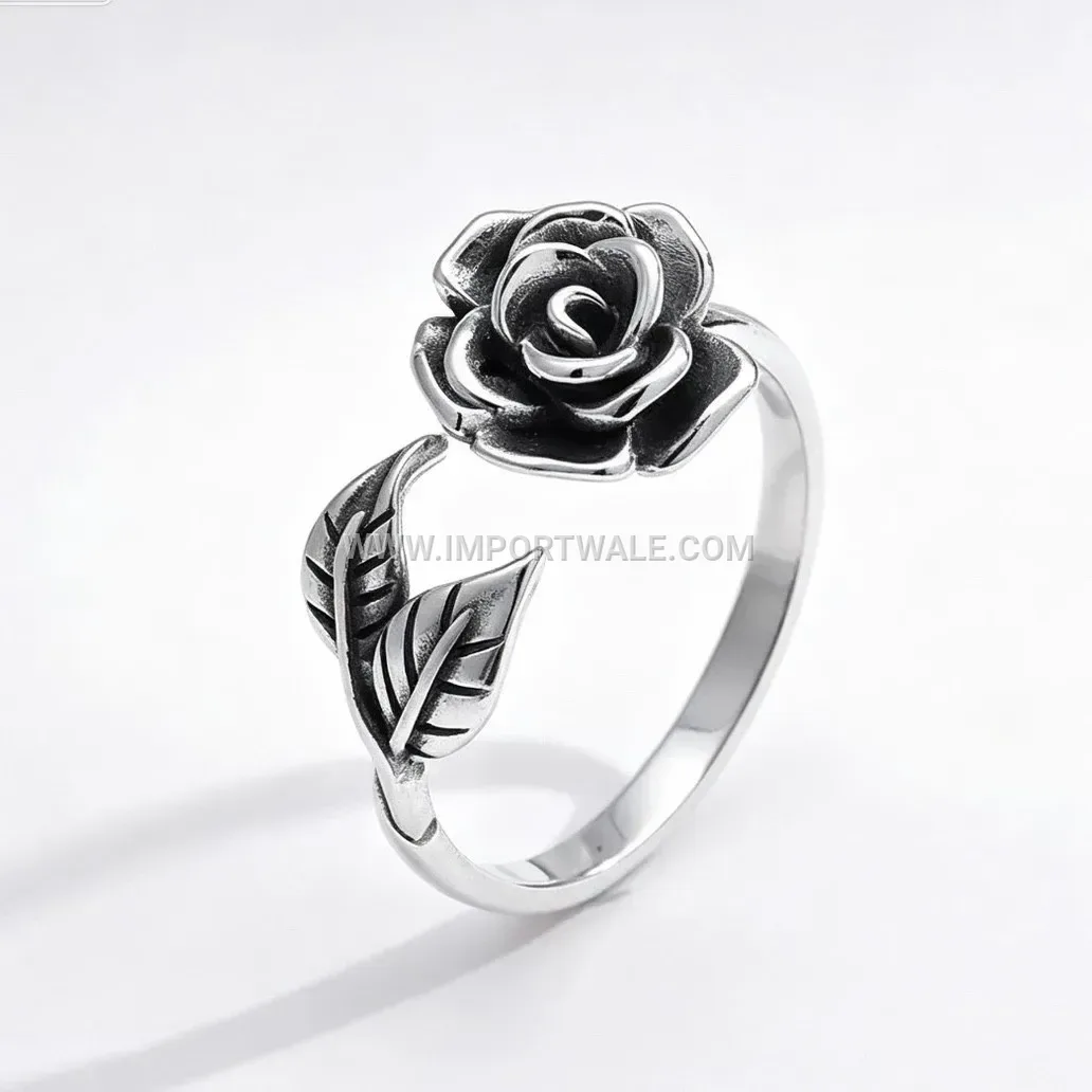 Polished Stainless Steel Sculptural Rose Flower Statement Ring