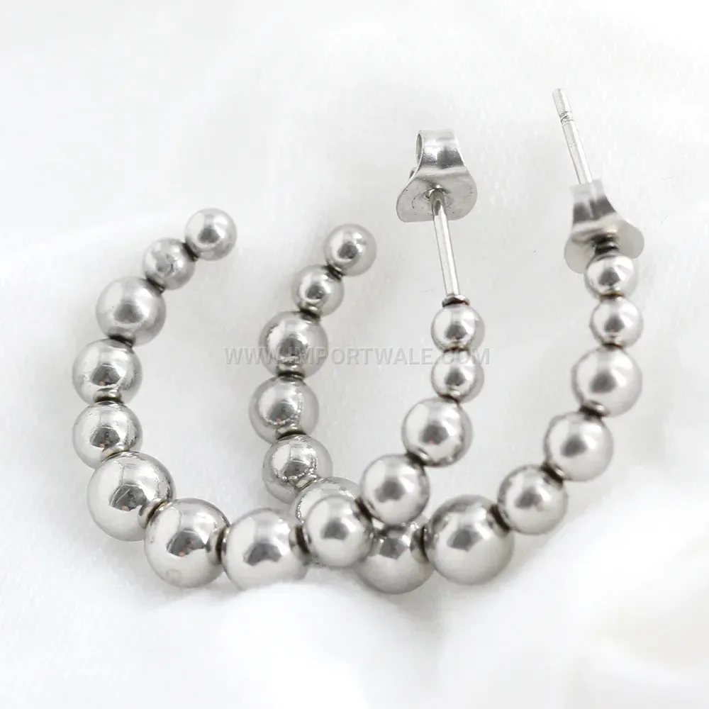 Graduating Bead C-Shape Stainless Steel Hoop Earrings