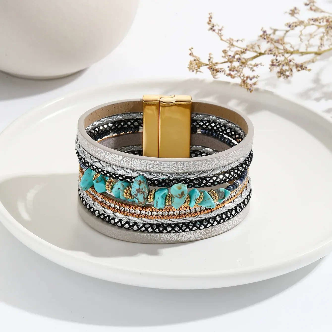Bohemian Turquoise Wide Leather Cuff Bracelet With Magnetic Clasp