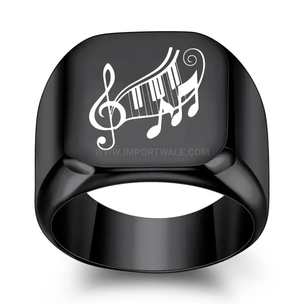 Elegant Engraved Musical Note Square Stainless Steel Signet Ring