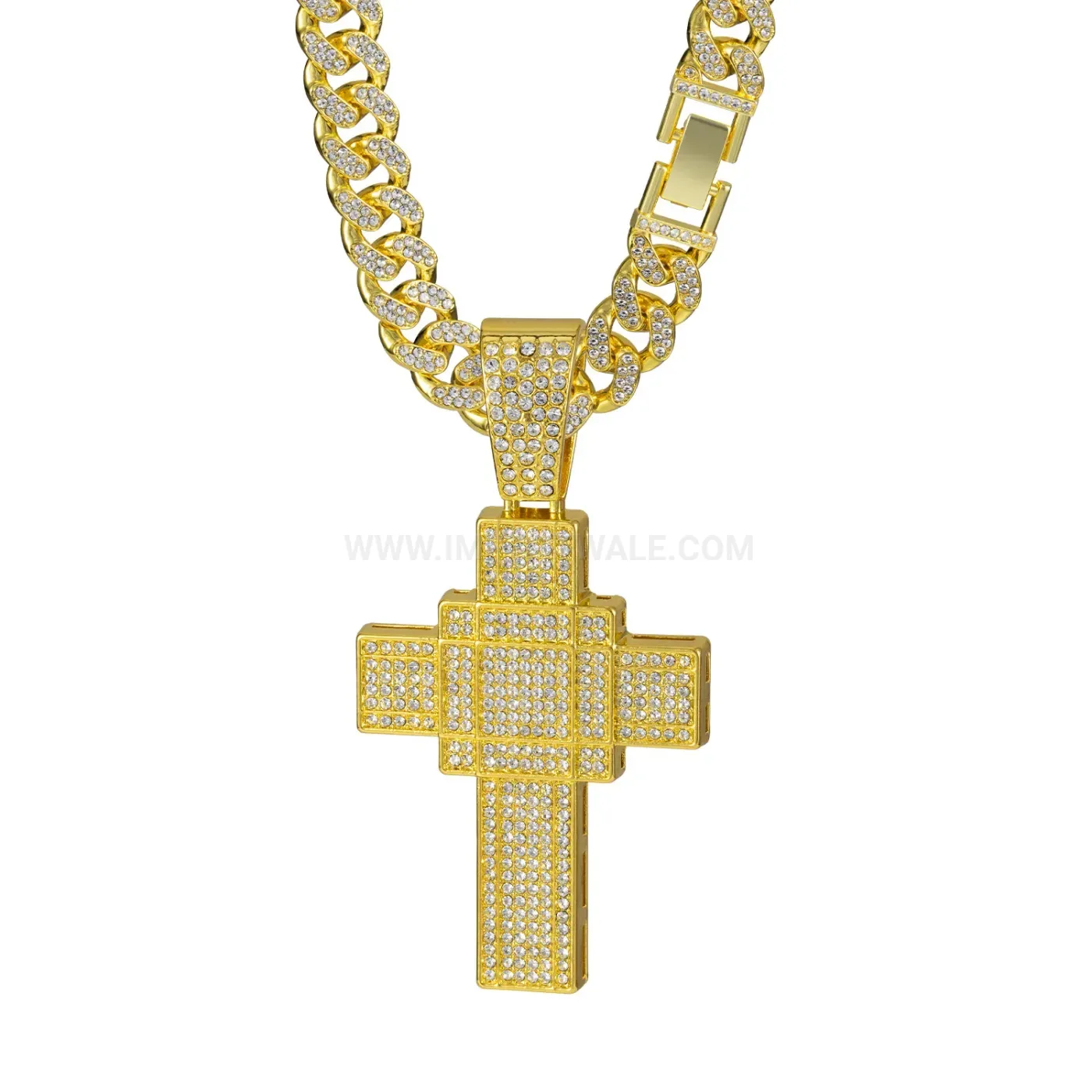 Chic Iced Out Alloy Cross Pendant Cuban Link Necklace