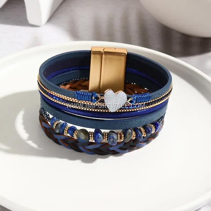 Multi-Strand Braided PU Leather Heart Charm Cuff Bracelet