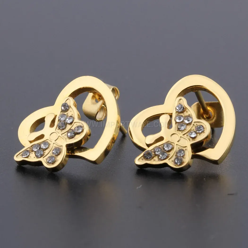 Elegant Gold Stainless Steel Cutout Heart Butterfly Rhinestone Stud Earrings