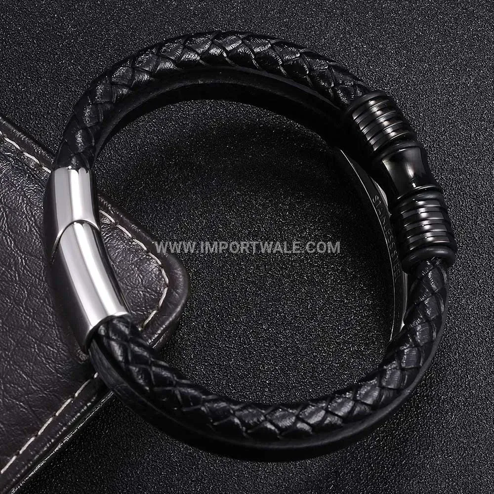 Multi Layer Braided Leather Stainless Steel Magnetic Bracelet